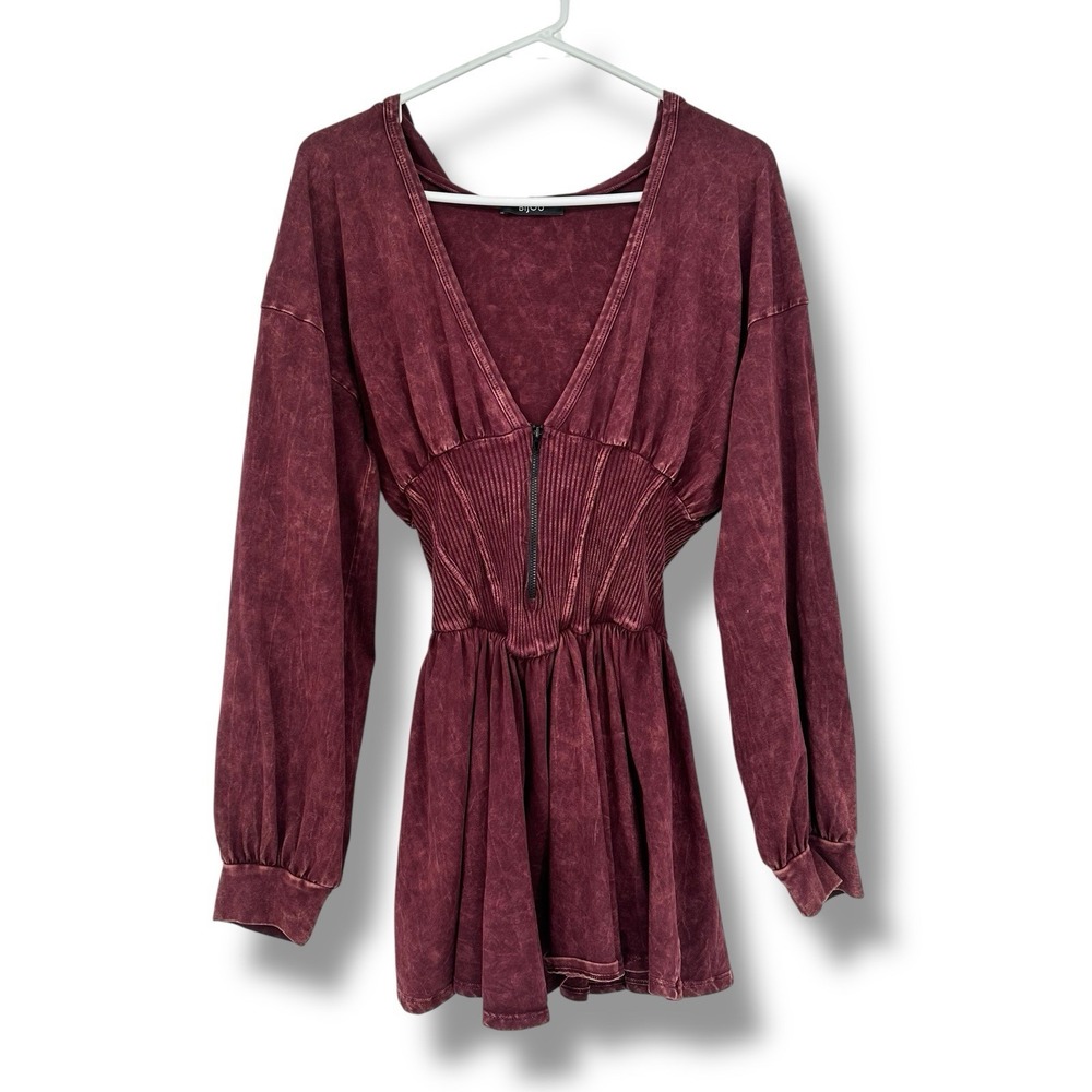 Dolls kill‎ Bijou Hooded Corset Skort Romper L Burgundy Plunge Y2K Goth Grunge